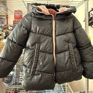Michael Kors Black Puffer Jacket~ "MK" monogram w/ Sherpa hood Size 10/12 Girls